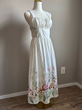 Floral watercolor linen cotton blend White Maxi Dress spring summer market party